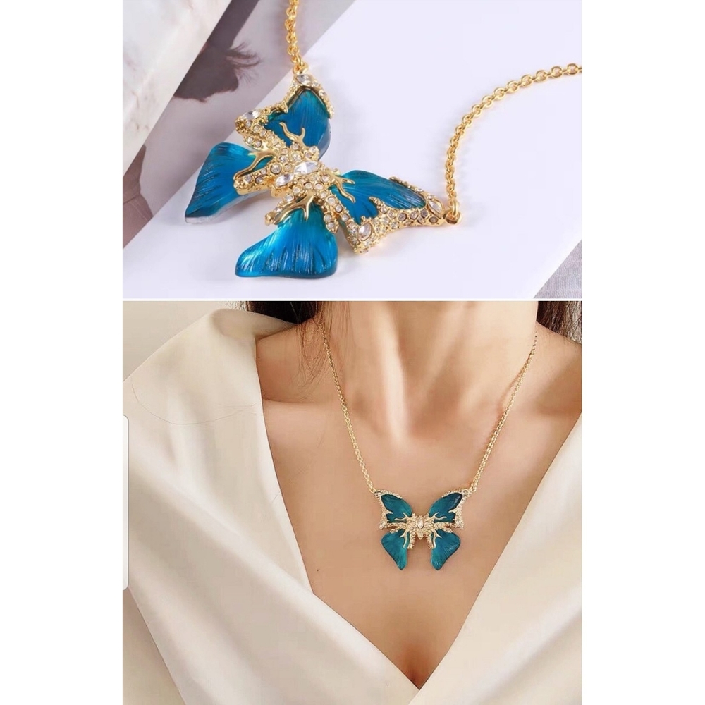 Alexis Bittar Blue and Gold Butterfly Pendant Necklace - Picture 4 of 6